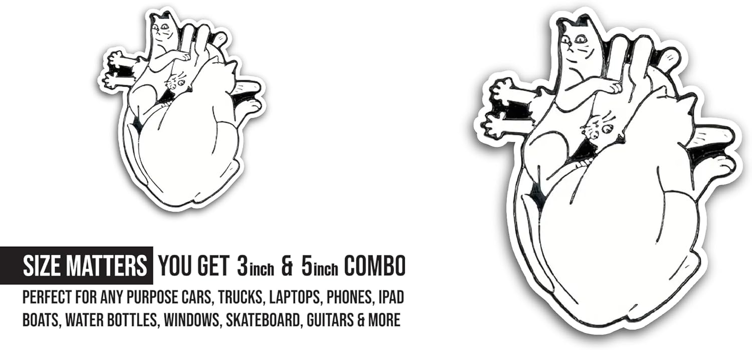2 (Pieces) 3" and 5" Heart Anatomy Cats Sticker, Waterproof Vinyl Decals for Many Purpose Like Cars, Trucks, Laptops, Phones, Windows and More