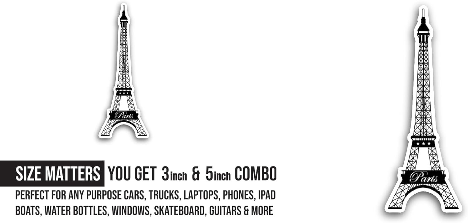 2 (Pieces) 3" and 5" Eiffel Tower Sticker, Waterproof Vinyl Decals for Many Purpose Like Cars, Trucks, Laptops, Phones, Windows and More
