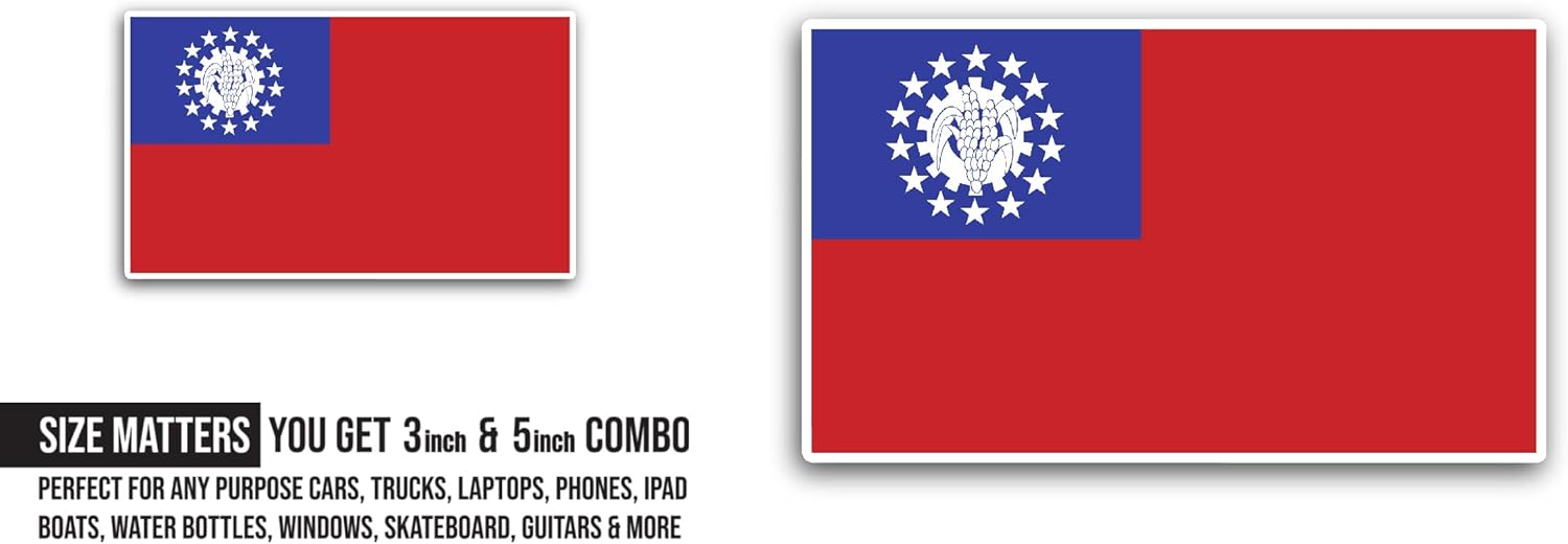 2 (Pieces) 3" and 5" Myanmar - Burma Flag Sticker, Waterproof Vinyl Decals for Many Purpose Like Cars, Trucks, Laptops, Phones, Windows and More