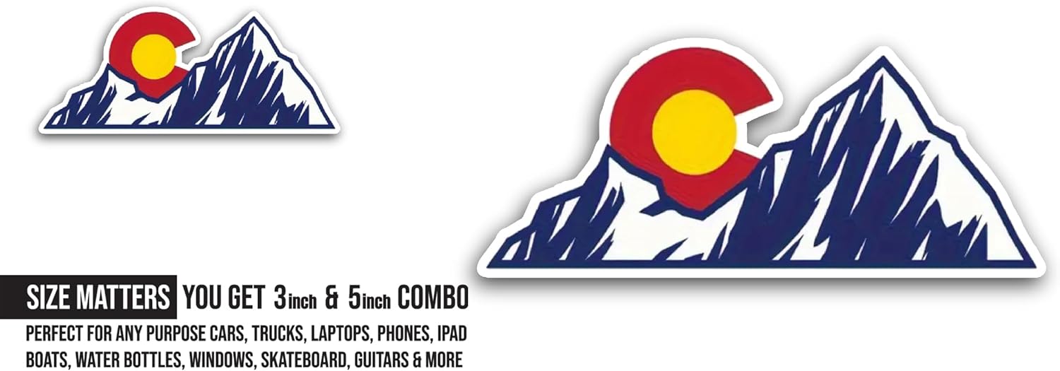 2 (Pieces) 3" and 5" C0lorado Mountain Sun Sticker, Waterproof Vinyl Decals for Many Purpose Like Cars, Trucks, Laptops, Phones, Windows and More