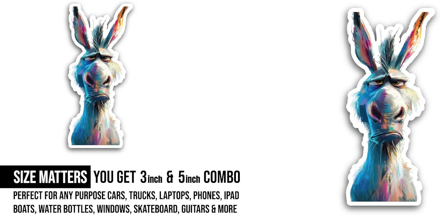 2 (Pieces) 3" and 5" Cute Cartoon Donkey Sticker, Waterproof Vinyl Decals for Many Purpose Like Cars, Trucks, Laptops, Phones, Windows and More