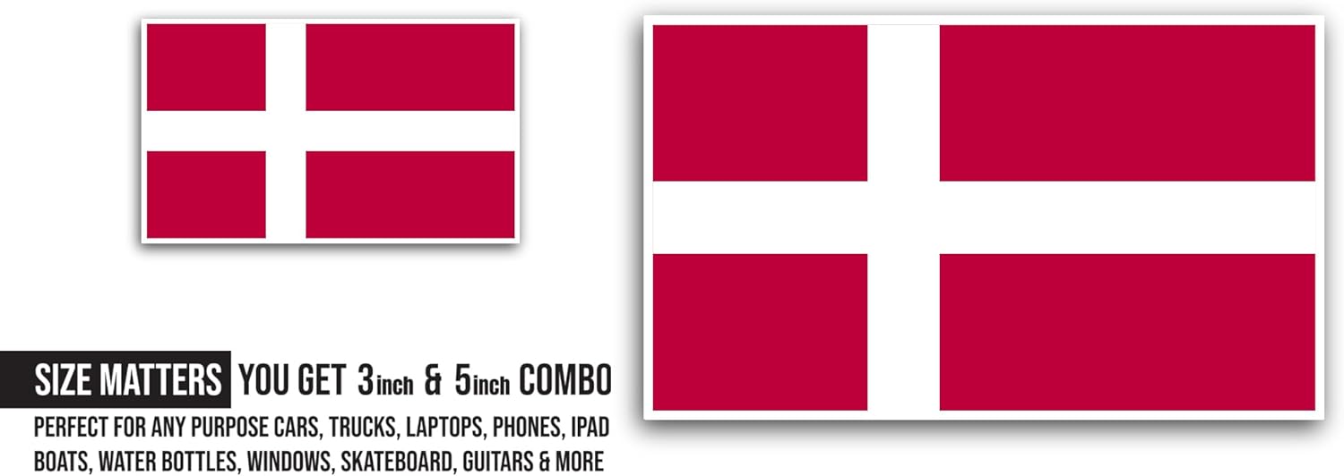 2 (Pieces) 3" and 5" Denmark Flag Sticker, Waterproof Vinyl Decals for Many Purpose Like Cars, Trucks, Laptops, Phones, Windows and More