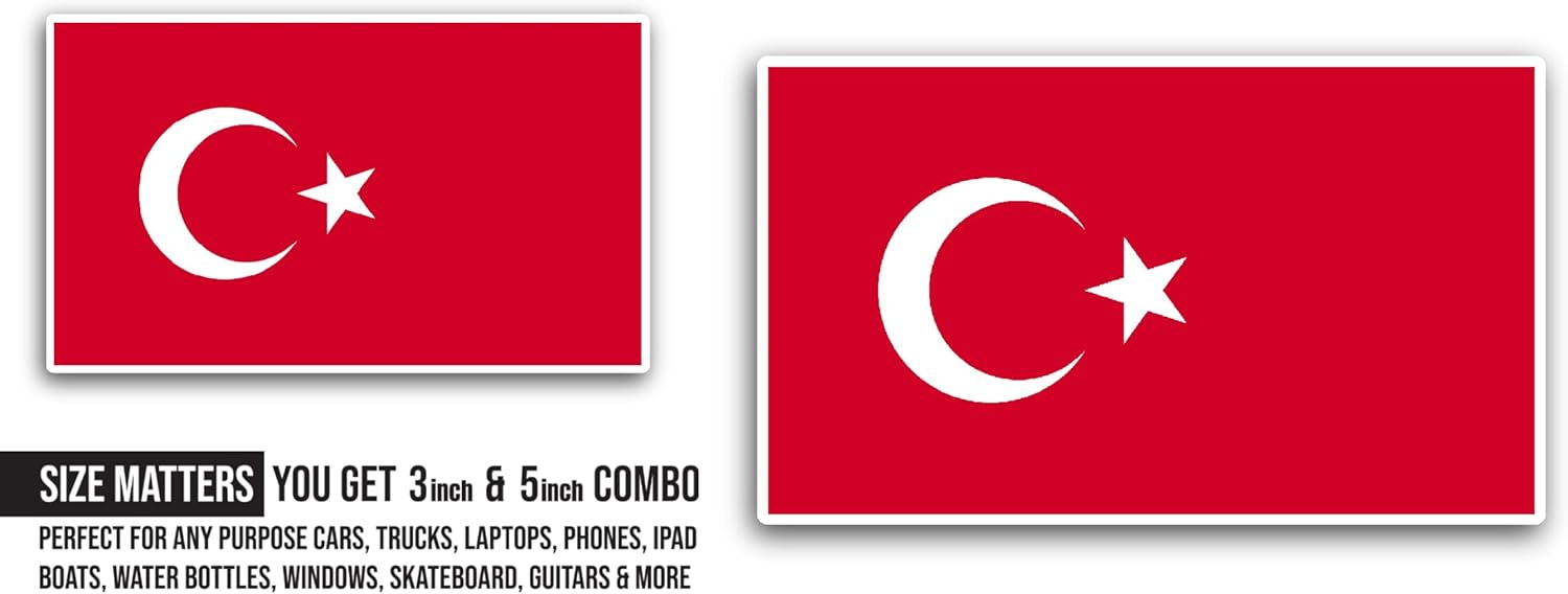 2 (Pieces) 3" and 5" Turkey Flag Sticker, Waterproof Vinyl Decals for Many Purpose Like Cars, Trucks, Laptops, Phones, Windows and More