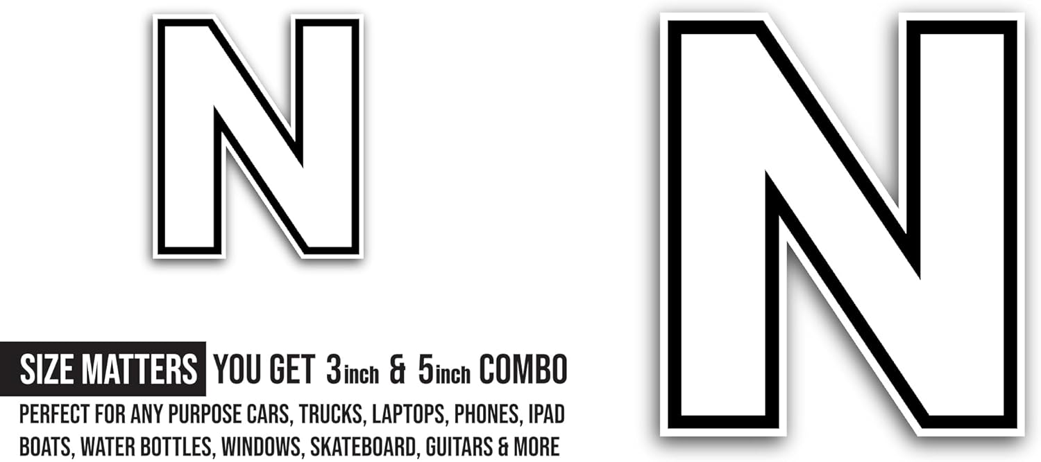 2 (Pieces) 3" and 5" Letter N Sticker, Waterproof Vinyl Decals for Many Purpose Like Cars, Trucks, Laptops, Phones, Windows and More