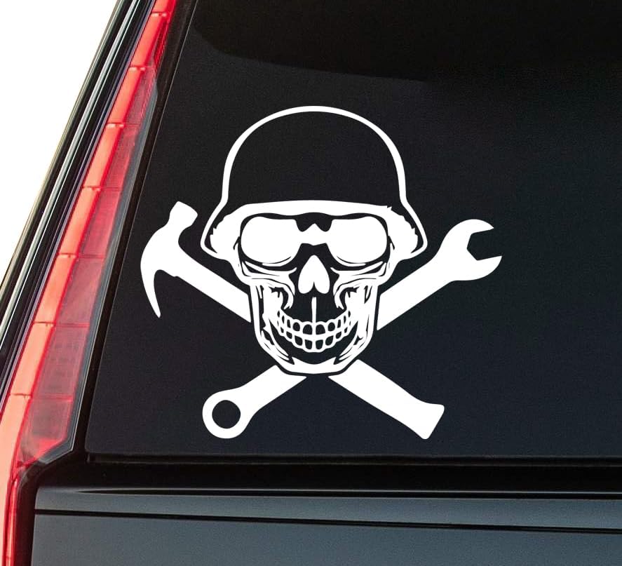Skull with Helmet Window Vinyl Decal Sticker 6" (White), Waterproof Vinyl Decals for Many Purpose Like Cars, Trucks, Laptops, Phones, Windows and More