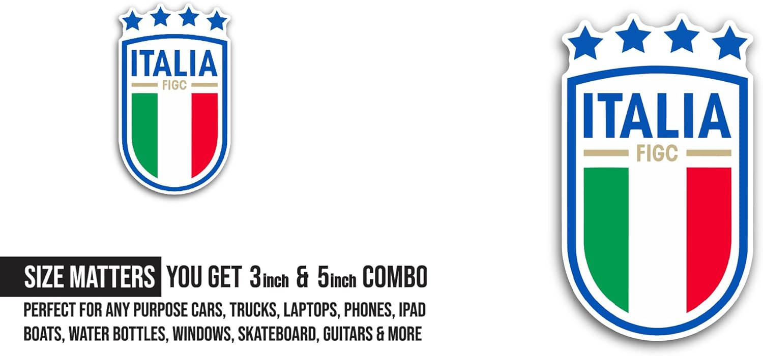 2 (Pieces) 3" and 5" Italy F00tball Team Sticker, Waterproof Vinyl Decals for Many Purpose Like Cars, Trucks, Laptops, Phones, Windows and More