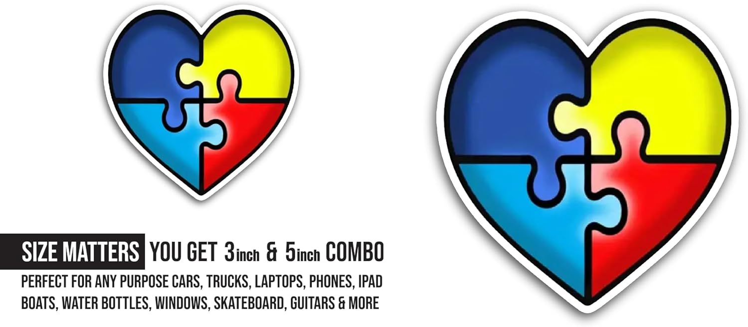 2 (Pieces) 3" and 5" Puzzle Piece Heart Sticker, Waterproof Vinyl Decals for Many Purpose Like Cars, Trucks, Laptops, Phones, Windows and More