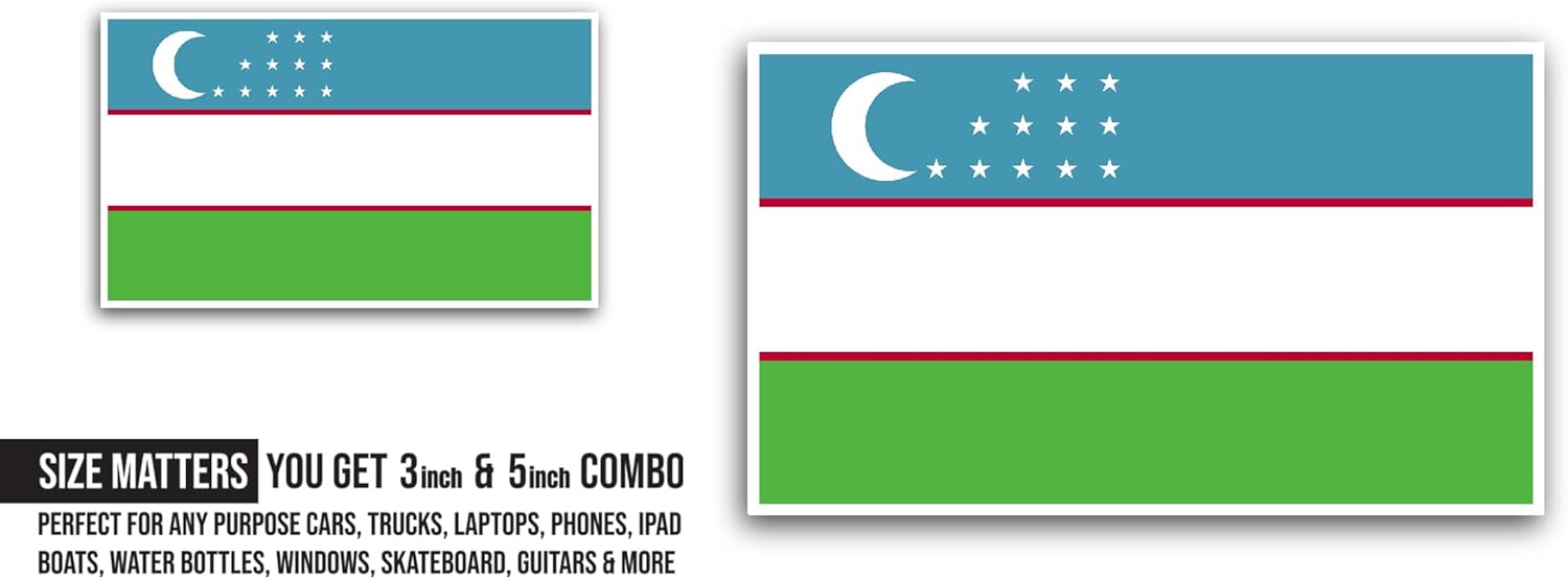 2 (Pieces) 3" and 5" Uzbekistan Flag Sticker, Waterproof Vinyl Decals for Many Purpose Like Cars, Trucks, Laptops, Phones, Windows and More