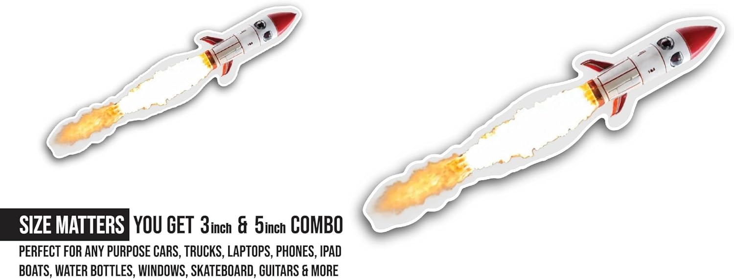2 (Pieces) 3" and 5" Space Rocket Sticker, Waterproof Vinyl Decals for Many Purpose Like Cars, Trucks, Laptops, Phones, Windows and More