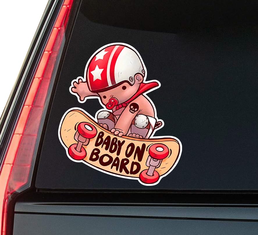 Skating Baby On Board Window Vinyl Decal Sticker 6" (White), Waterproof Vinyl Decals for Many Purpos