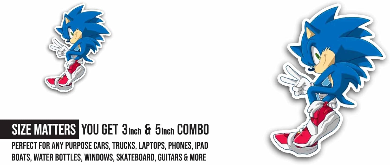 2 (Pieces) 3" and 5" Cartoon S0nic Sticker, Waterproof Vinyl Decals for Many Purpose Like Cars, Trucks, Laptops, Phones, Windows and More