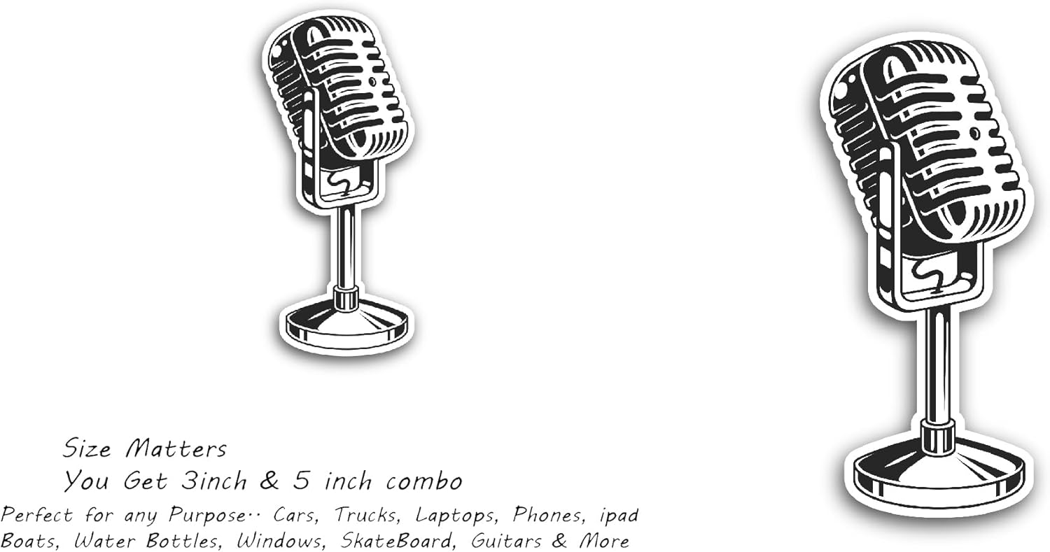 2 (Pieces) 3" and 5" Microphone Clip Art Sticker, Waterproof Vinyl Decals for Many Purpose Like Cars, Trucks, Laptops, Phones, Windows and More