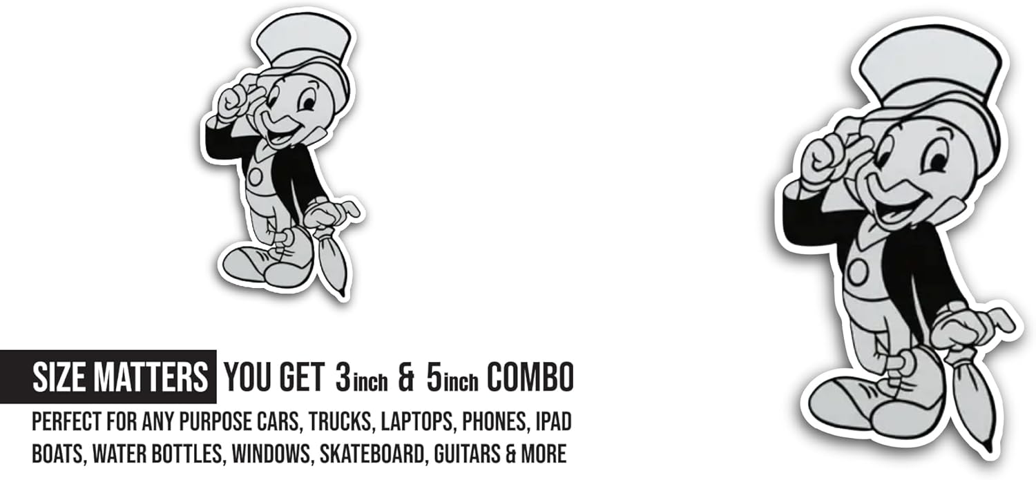 2 (Pieces) 3" and 5" Black and White Cartoon Character Sticker, Waterproof Vinyl Decals for Many Purpose Like Cars, Trucks, Laptops, Phones, Windows and More