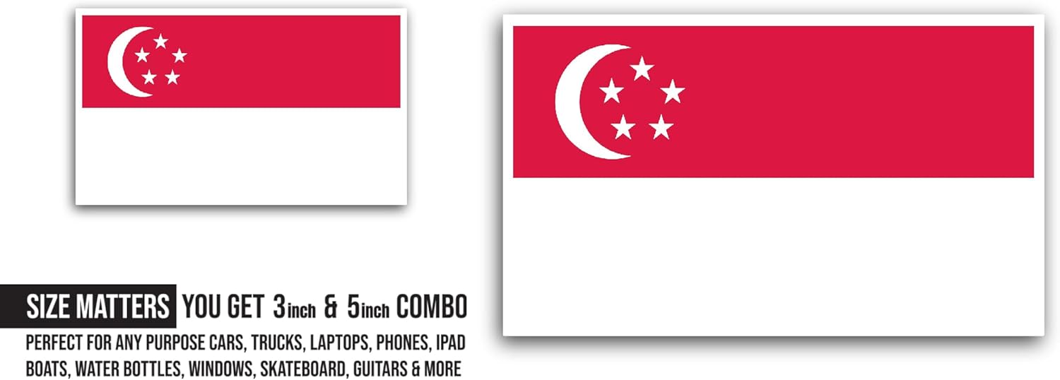 2 (Pieces) 3" and 5" Singapore Flag Sticker, Waterproof Vinyl Decals for Many Purpose Like Cars, Trucks, Laptops, Phones, Windows and More