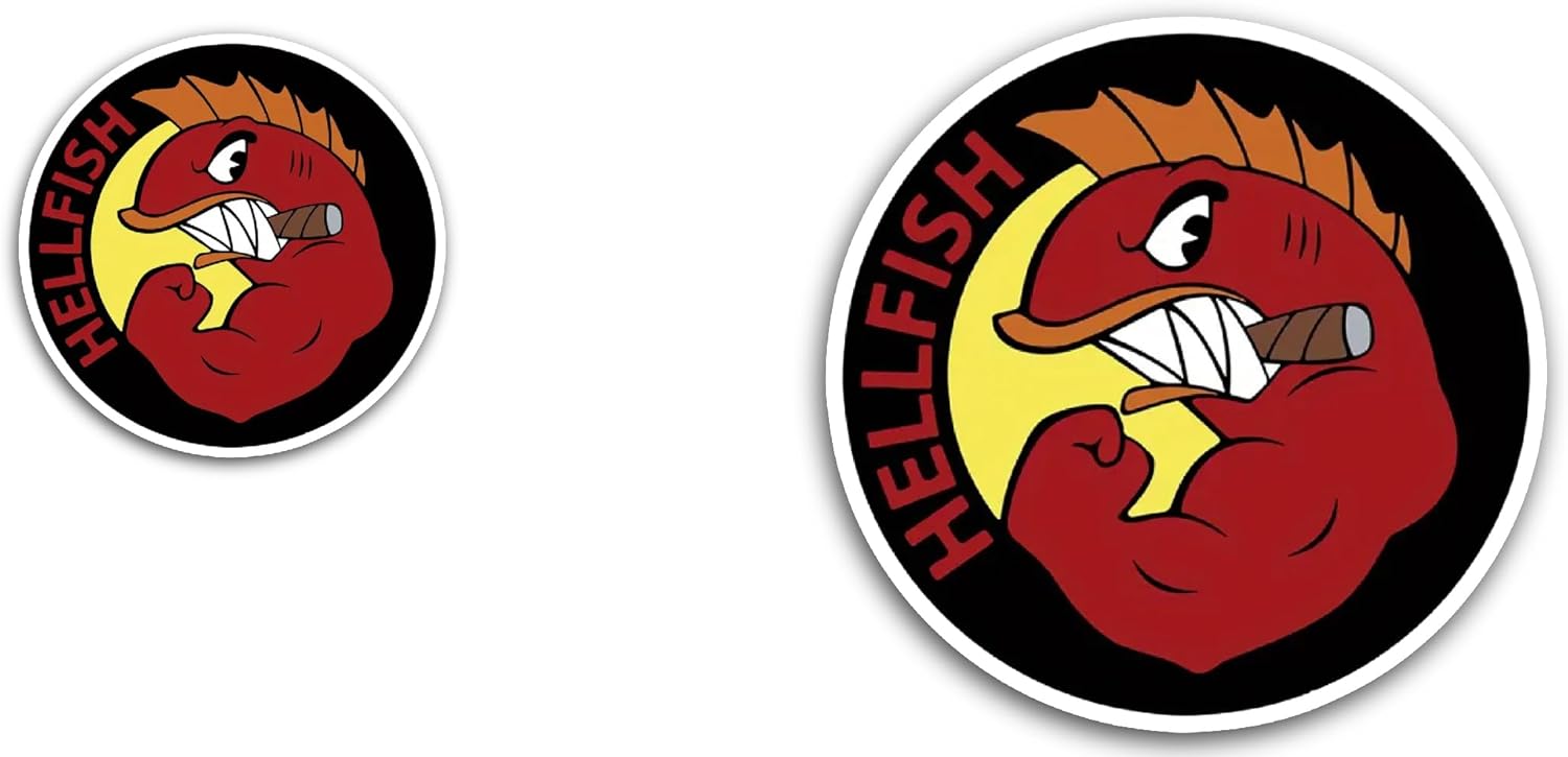 2 (Pieces) 3" and 5" Hellf1sh Sticker, Waterproof Vinyl Decals for Many Purpose Like Cars, Trucks, Laptops, Phones, Windows and More