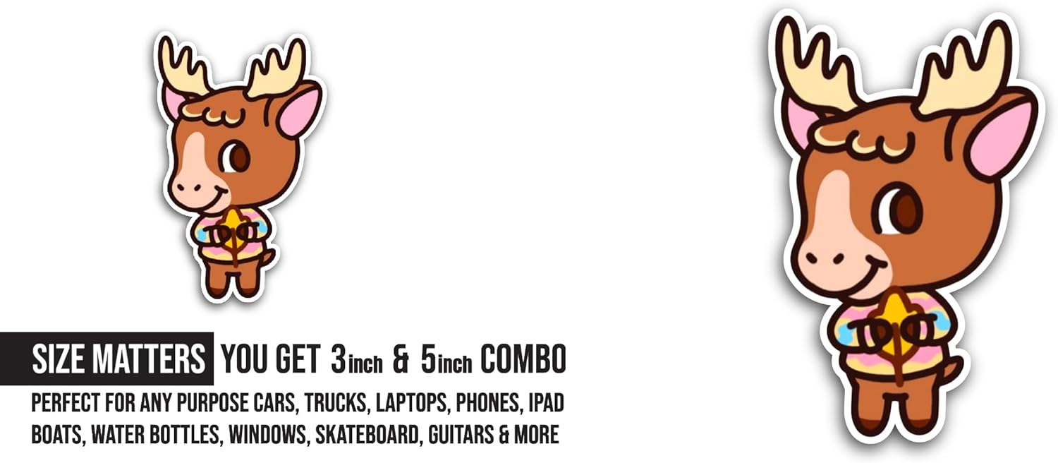 2 (Pieces) 3" and 5" Cute Deer Sticker, Waterproof Vinyl Decals for Many Purpose Like Cars, Trucks, Laptops, Phones, Windows and More