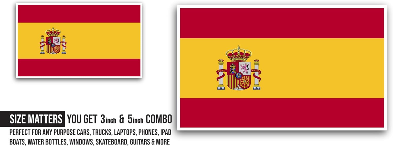 2 (Pieces) 3" and 5" Spain Flag Sticker, Waterproof Vinyl Decals for Many Purpose Like Cars, Trucks, Laptops, Phones, Windows and More