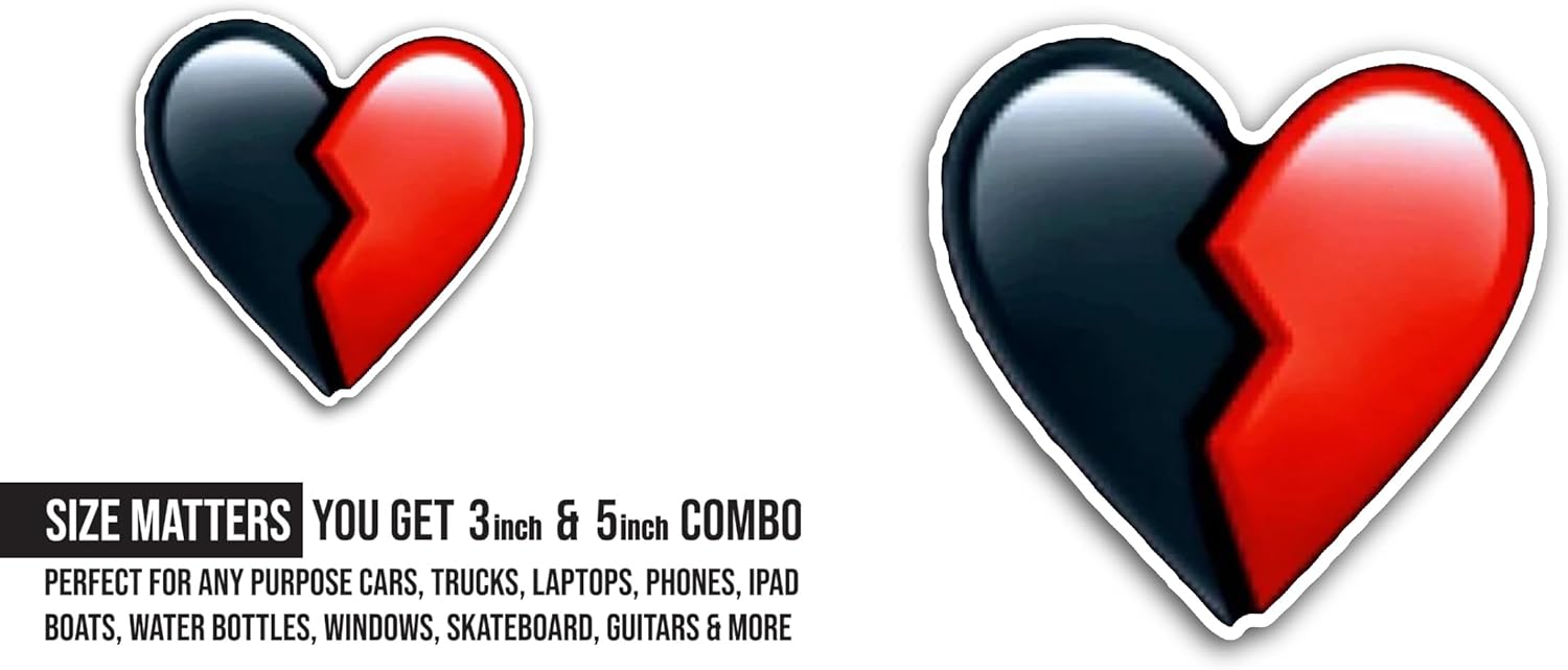 2 (Pieces) 3" and 5" Red and Black Heart Sticker, Waterproof Vinyl Decals for Many Purpose Like Cars, Trucks, Laptops, Phones, Windows and More