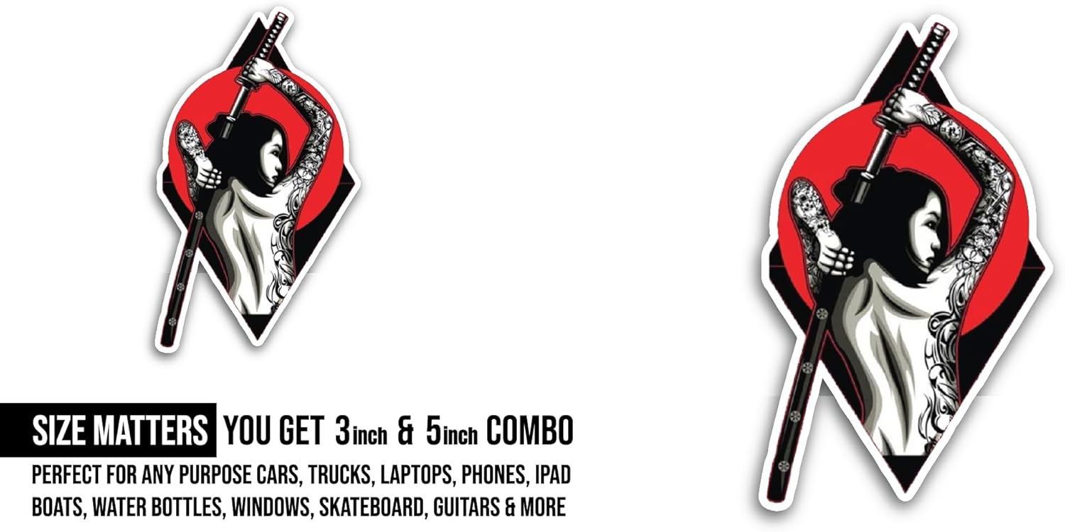 2 (Pieces) 3" and 5" Japanese Woman Warrior Sticker, Waterproof Vinyl Decals for Many Purpose Like Cars, Trucks, Laptops, Phones, Windows and More