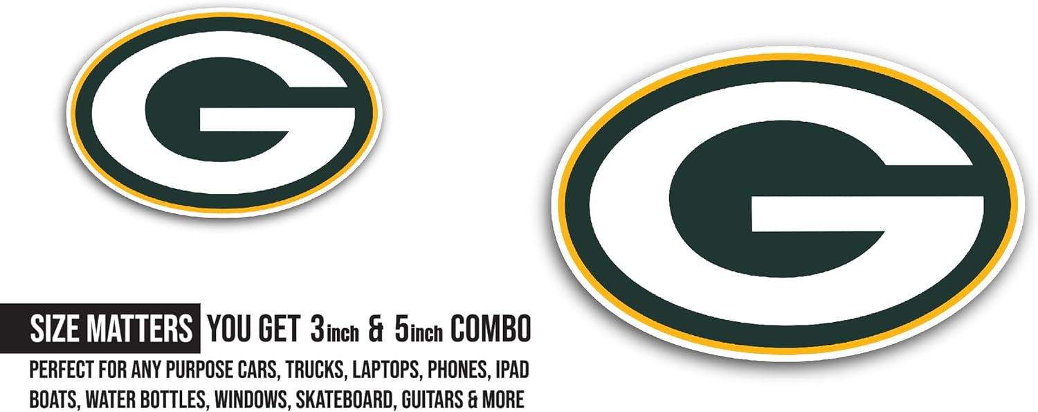 2 (Pieces) 3" and 5" Green B@y Packers Decal Sticker, Waterproof Vinyl Decals for Many Purpose Like Cars, Trucks, Laptops, Phones, Windows and More
