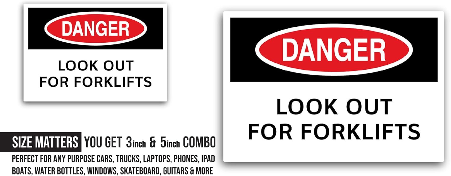 2 (Pieces) 3" and 5" Look Out for Forklifts Sticker, Waterproof Vinyl Decals for Many Purpose Like Cars, Trucks, Laptops, Phones, Windows and More