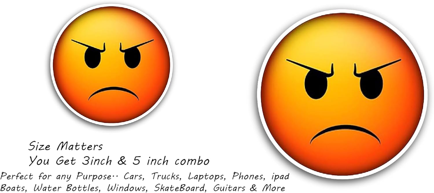 2 (Pieces) 3" and 5" Angry Face Sticker, Waterproof Vinyl Decals for Many Purpose Like Cars, Trucks, Laptops, Phones, Windows and More