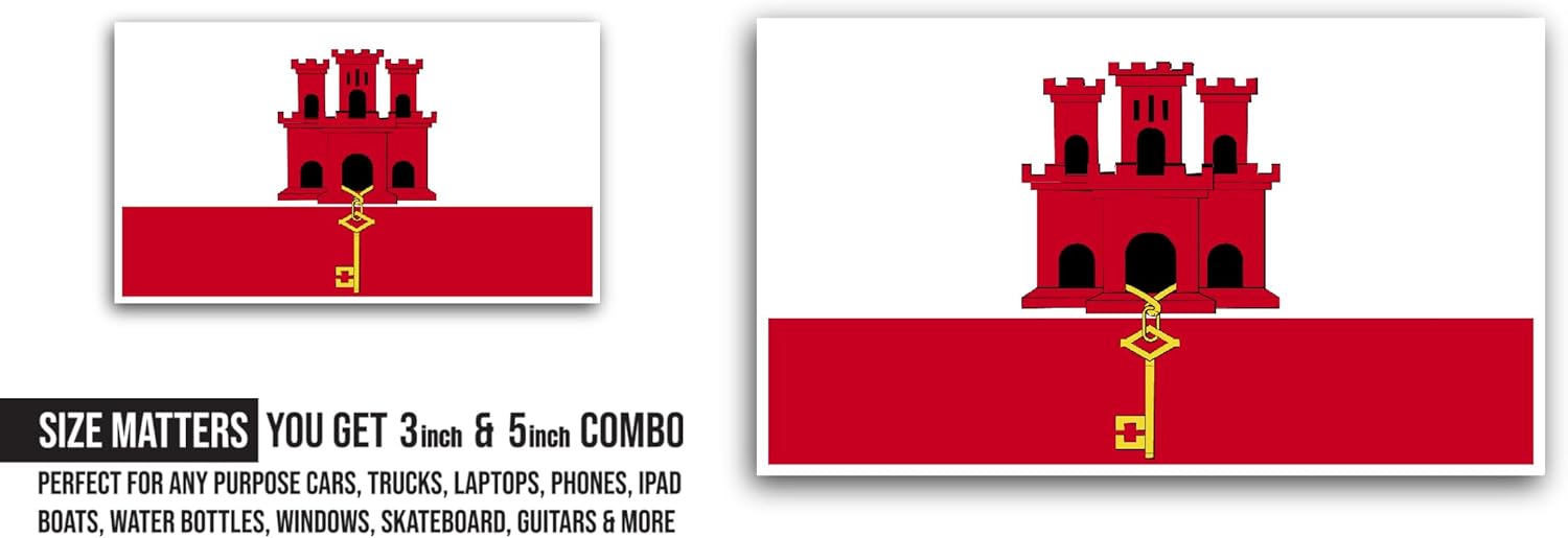 2 (Pieces) 3" and 5" Gibraltar Flag Sticker, Waterproof Vinyl Decals for Many Purpose Like Cars, Trucks, Laptops, Phones, Windows and More