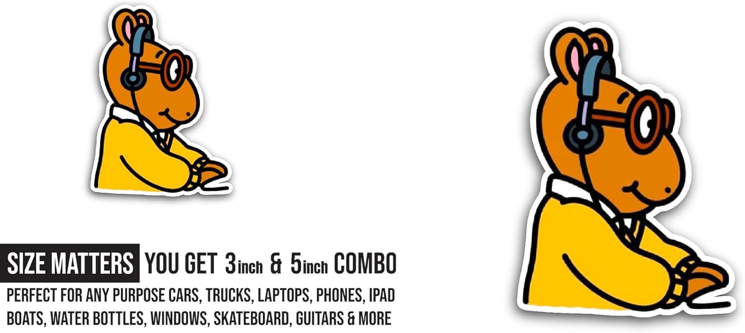 2 (Pieces) 3" and 5" Arthur Listening Sticker, Waterproof Vinyl Decals for Many Purpose Like Cars, Trucks, Laptops, Phones, Windows and More