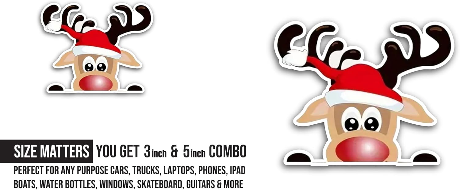 2 (Pieces) 3" and 5" Funny Christmas Reindeer Sticker, Waterproof Vinyl Decals for Many Purpose Like Cars, Trucks, Laptops, Phones, Windows and More