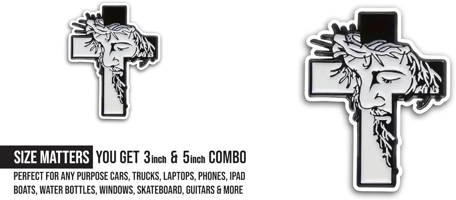 2 (Pieces) 3" and 5" Jesus Face On A Cross Sticker, Waterproof Vinyl Decals for Many Purpose Like Cars, Trucks, Laptops, Phones, Windows and More