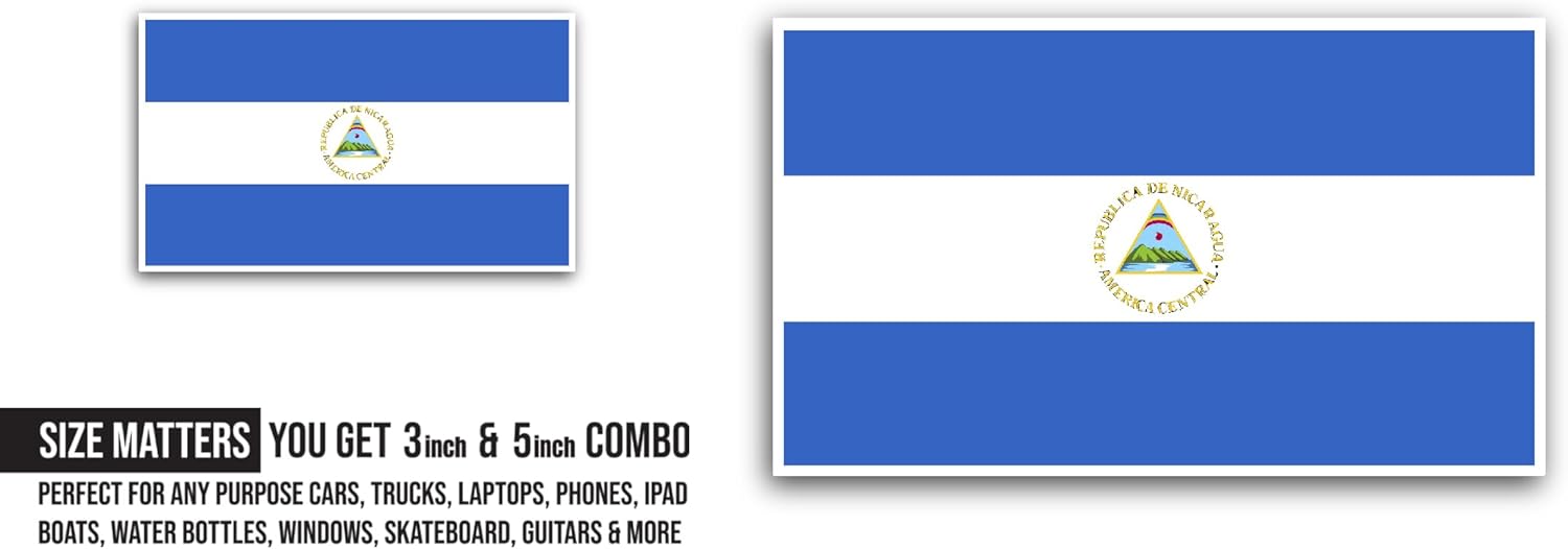 2 (Pieces) 3" and 5" Nicaragua Flag Sticker, Waterproof Vinyl Decals for Many Purpose Like Cars, Trucks, Laptops, Phones, Windows and More