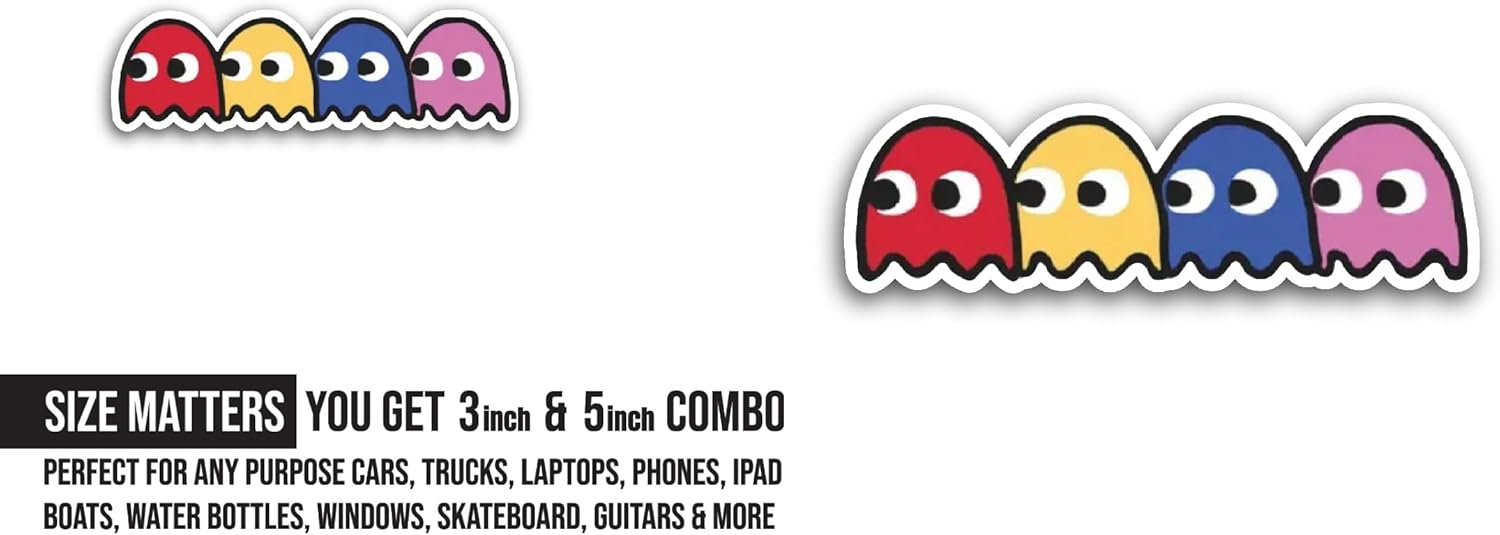 2 (Pieces) 3" and 5" Pacman Ghost Sticker, Waterproof Vinyl Decals for Many Purpose Like Cars, Trucks, Laptops, Phones, Windows and More