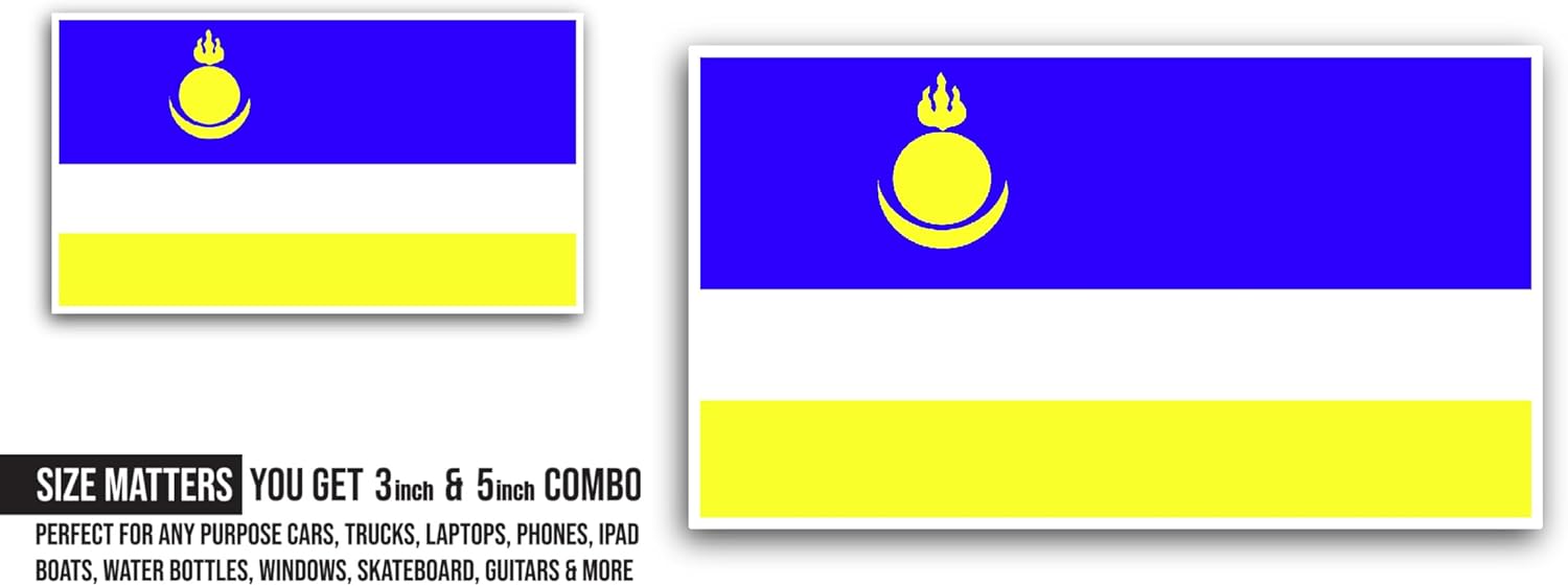2 (Pieces) 3" and 5" Buryatia Flag Sticker, Waterproof Vinyl Decals for Many Purpose Like Cars, Trucks, Laptops, Phones, Windows and More