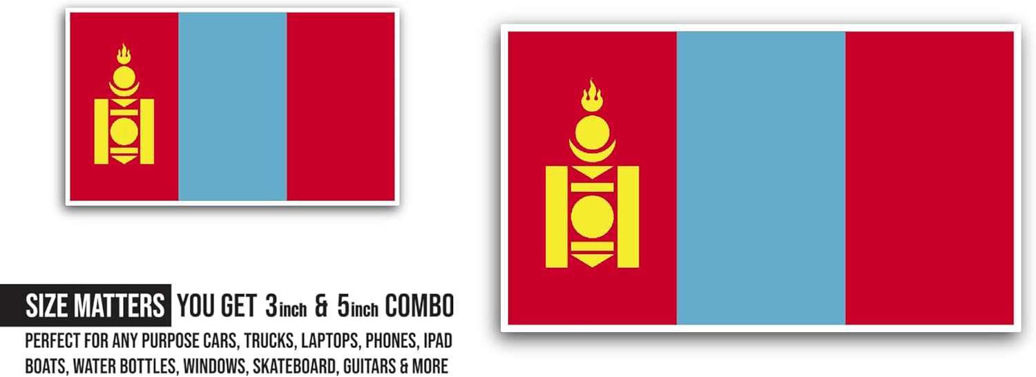 2 (Pieces) 3" and 5" Mongolia Flag Sticker, Waterproof Vinyl Decals for Many Purpose Like Cars, Trucks, Laptops, Phones, Windows and More