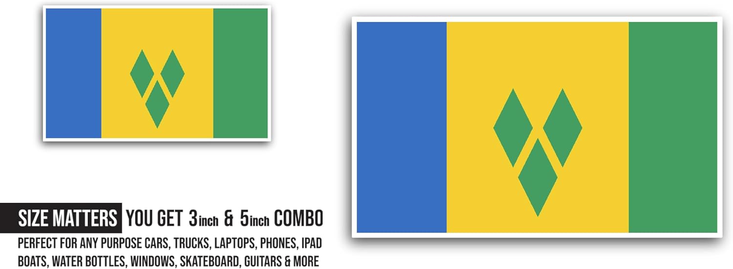 2 (Pieces) 3" and 5" Saint Vincent and The Grenadines Flag Sticker, Waterproof Vinyl Decals for Many Purpose Like Cars, Trucks, Laptops, Phones, Windows and More