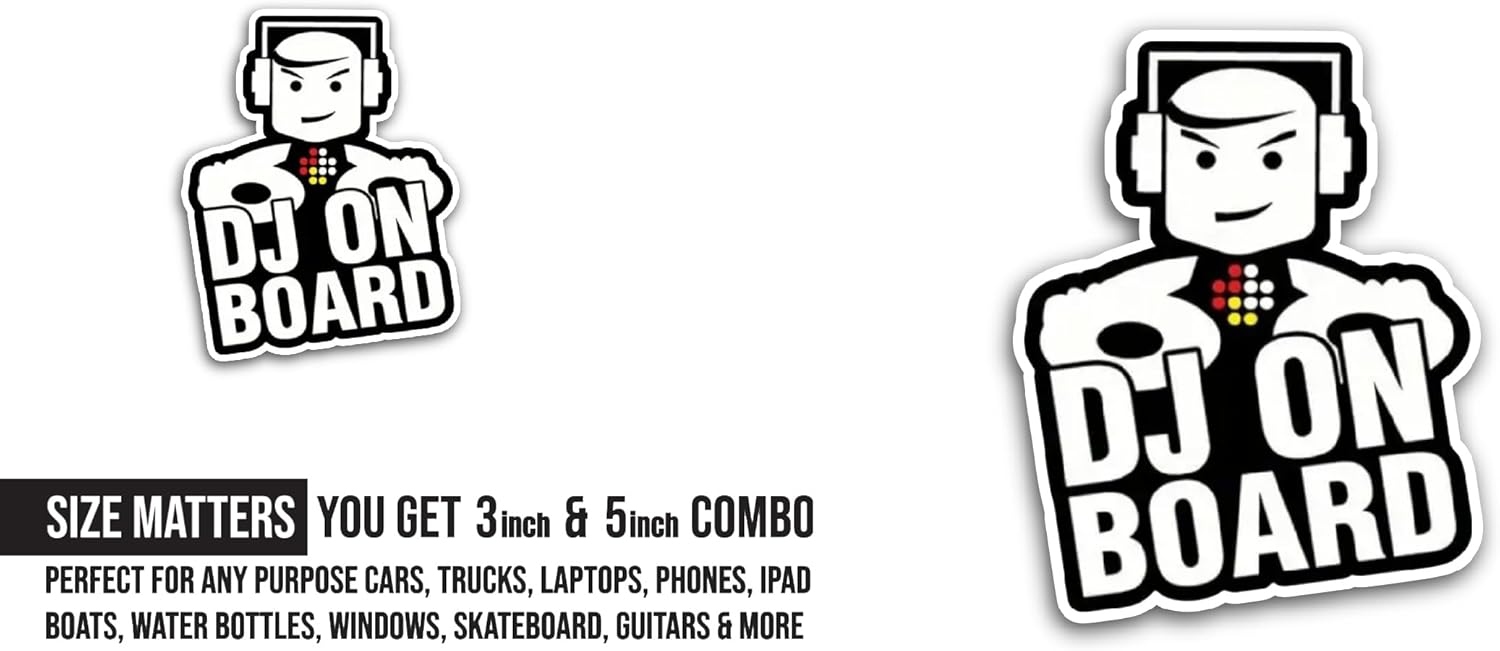 2 (Pieces) 3" and 5" DJ On Board Sticker, Waterproof Vinyl Decals for Many Purpose Like Cars, Trucks, Laptops, Phones, Windows and More