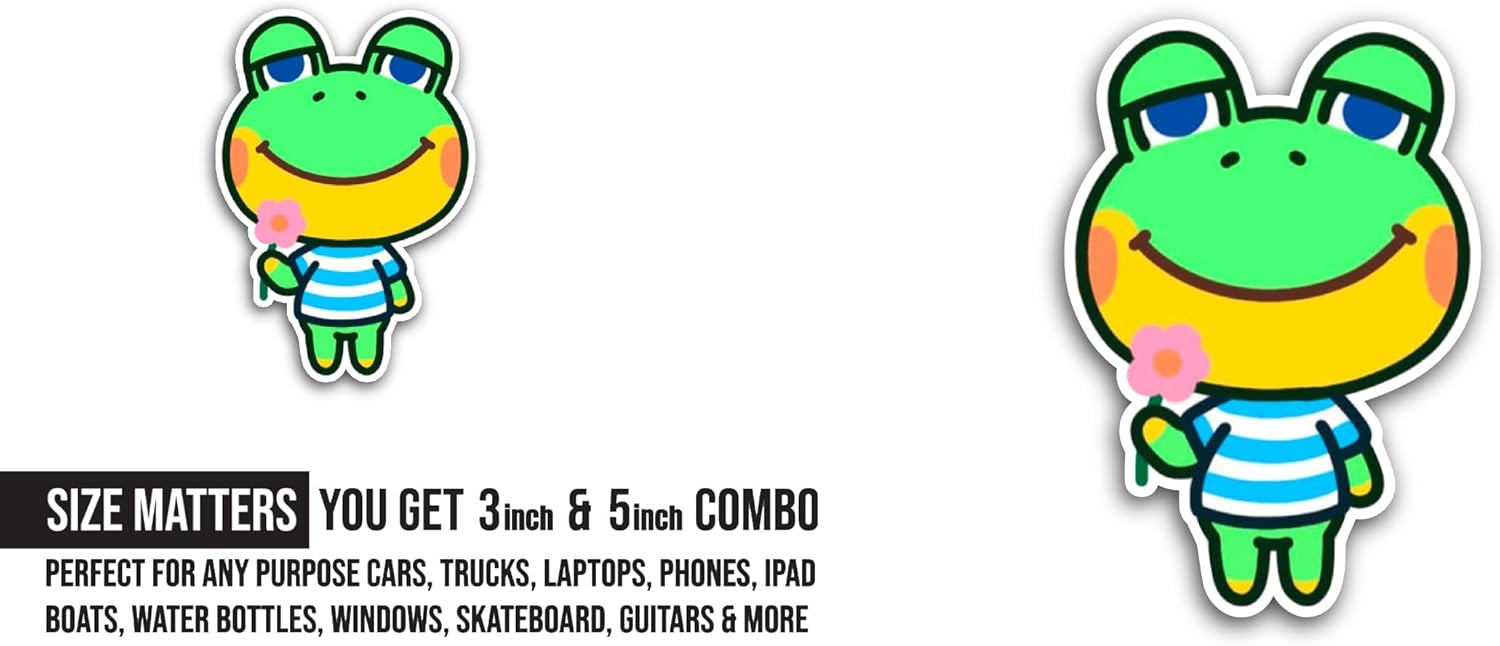 2 (Pieces) 3" and 5" Cartoon Frog with Flower Sticker, Waterproof Vinyl Decals for Many Purpose Like Cars, Trucks, Laptops, Phones, Windows and More