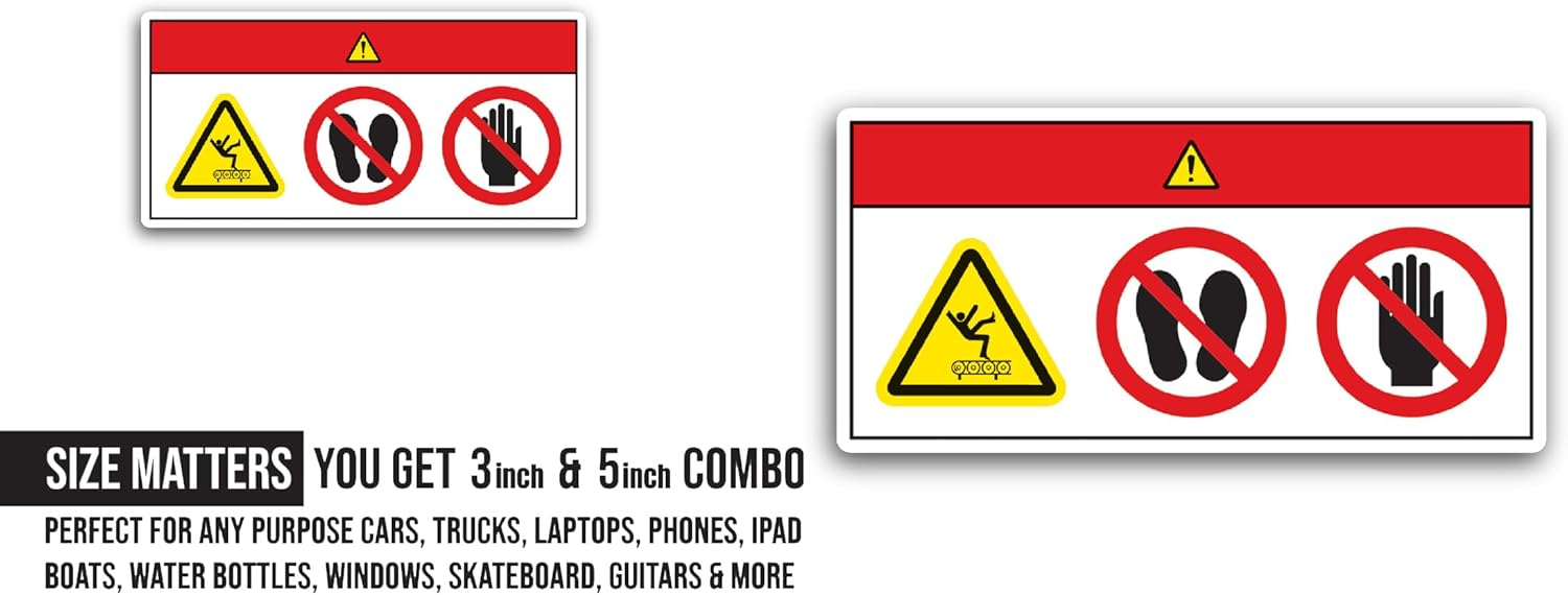 2 (Pieces) 3" and 5" Danger Crush or Pitch Hazard Sticker, Waterproof Vinyl Decals for Many Purpose Like Cars, Trucks, Laptops, Phones, Windows and More
