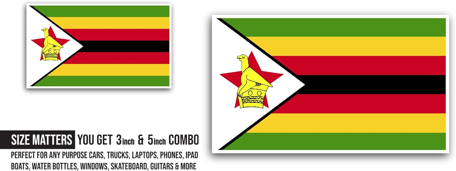 2 (Pieces) 3" and 5" Zimbabwe Flag Sticker, Waterproof Vinyl Decals for Many Purpose Like Cars, Trucks, Laptops, Phones, Windows and More