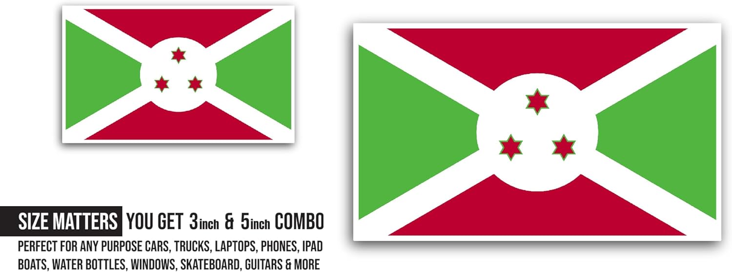 2 (Pieces) 3" and 5" Burundi Flag Sticker, Waterproof Vinyl Decals for Many Purpose Like Cars, Trucks, Laptops, Phones, Windows and More