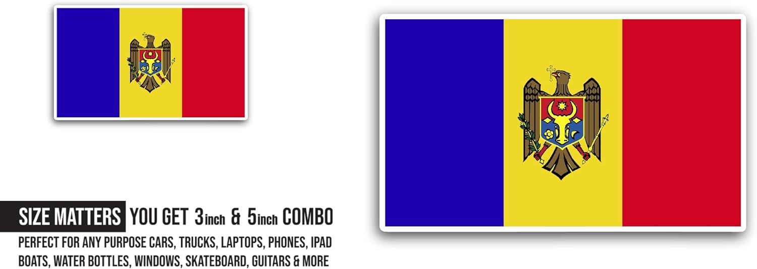 2 (Pieces) 3" and 5" Moldova Flag Sticker, Waterproof Vinyl Decals for Many Purpose Like Cars, Trucks, Laptops, Phones, Windows and More