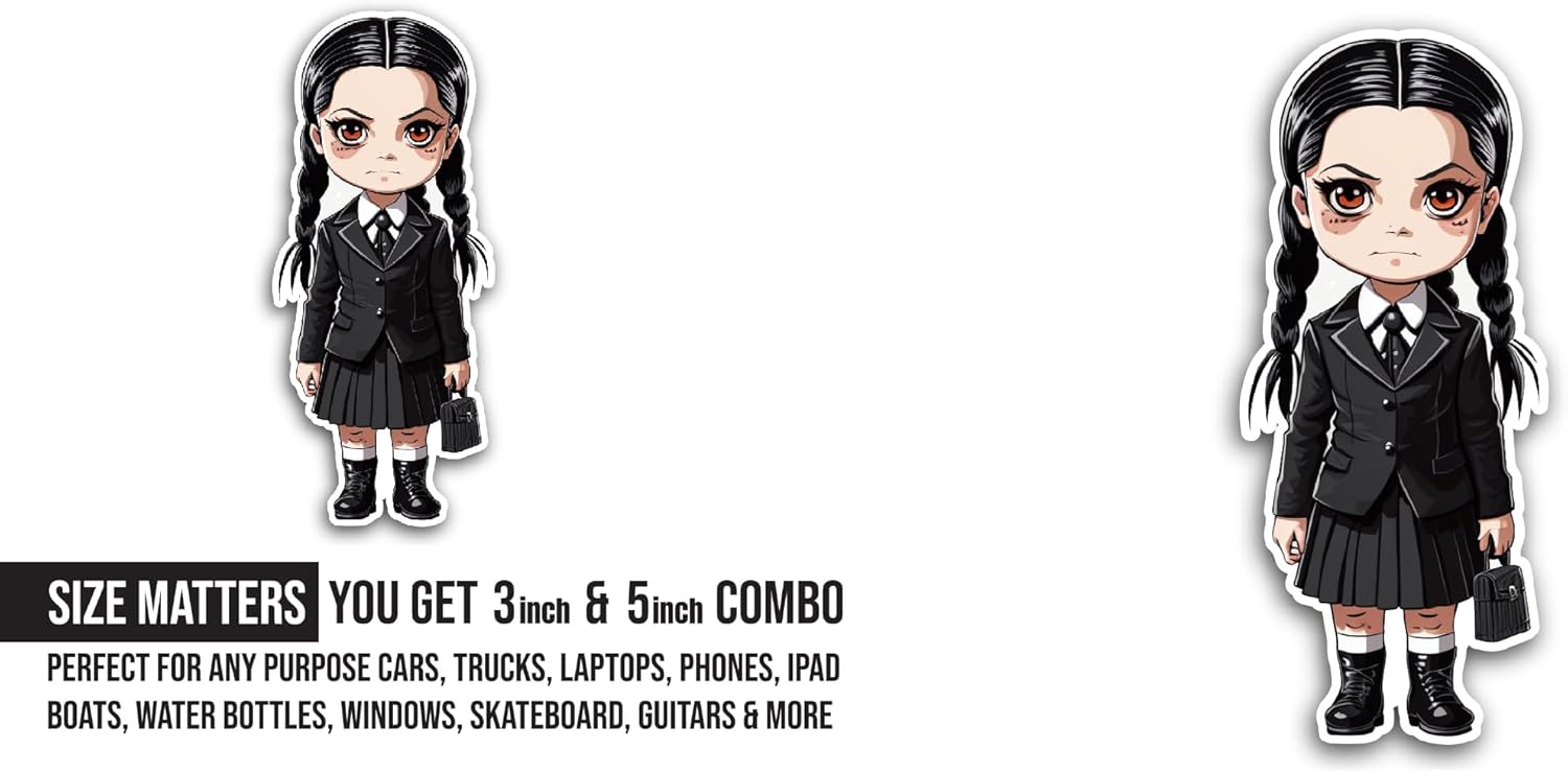 2 (Pieces) 3" and 5" Cartoon Girl with Black Dress Sticker, Waterproof Vinyl Decals for Many Purpose Like Cars, Trucks, Laptops, Phones, Windows and More
