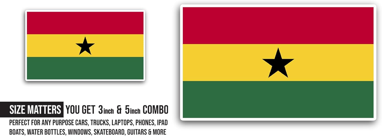 2 (Pieces) 3" and 5" Ghana Flag Sticker, Waterproof Vinyl Decals for Many Purpose Like Cars, Trucks, Laptops, Phones, Windows and More