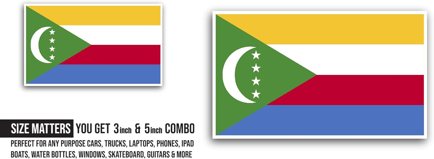 2 (Pieces) 3" and 5" Comoros Flag Sticker, Waterproof Vinyl Decals for Many Purpose Like Cars, Trucks, Laptops, Phones, Windows and More