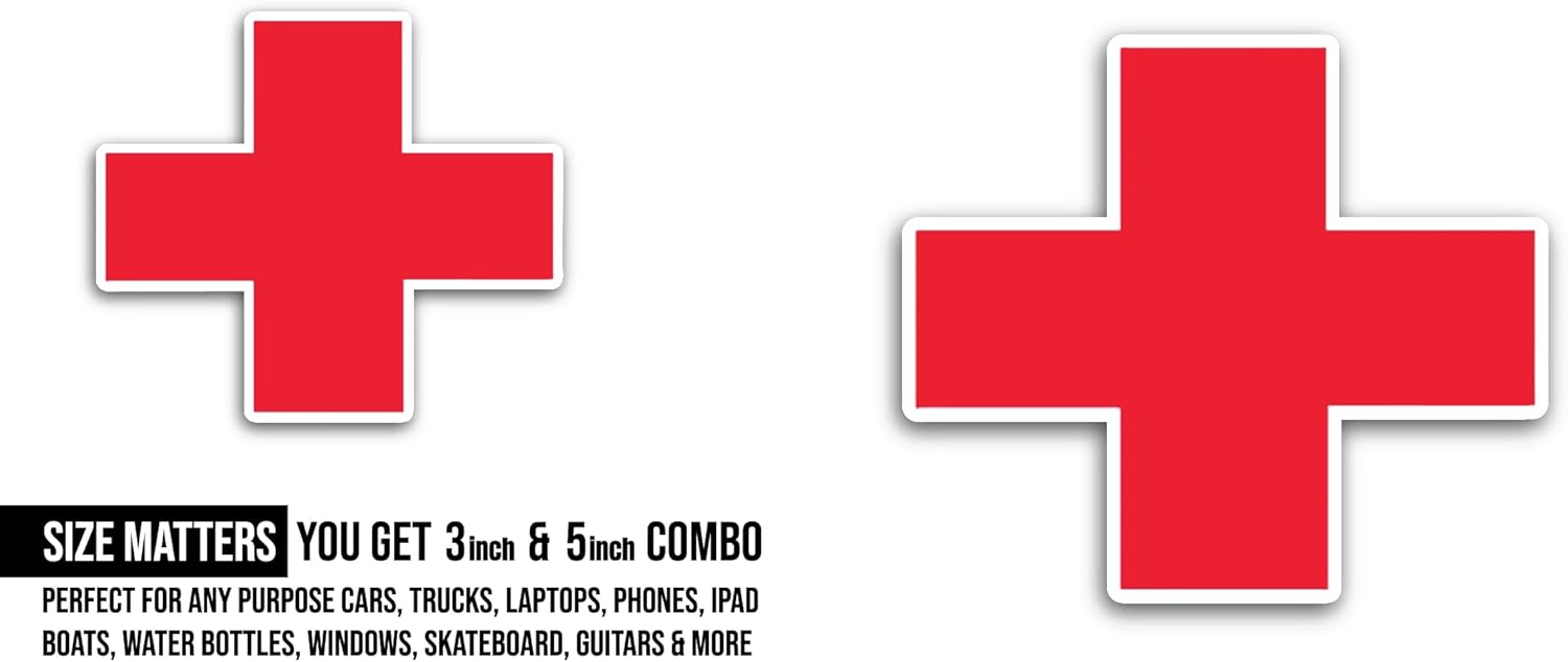 2 (Pieces) 3" and 5" Red Cross Sticker, Waterproof Vinyl Decals for Many Purpose Like Cars, Trucks, Laptops, Phones, Windows and More