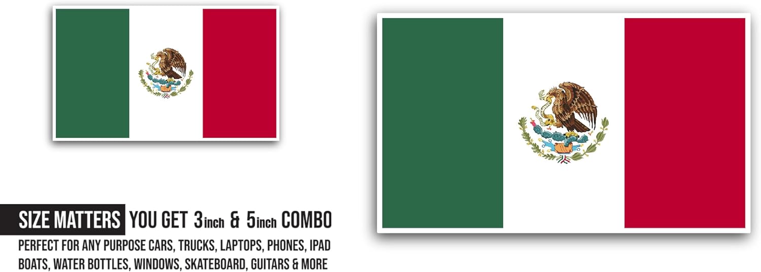 2 (Pieces) 3" and 5" Mexico Flag Sticker, Waterproof Vinyl Decals for Many Purpose Like Cars, Trucks, Laptops, Phones, Windows and More