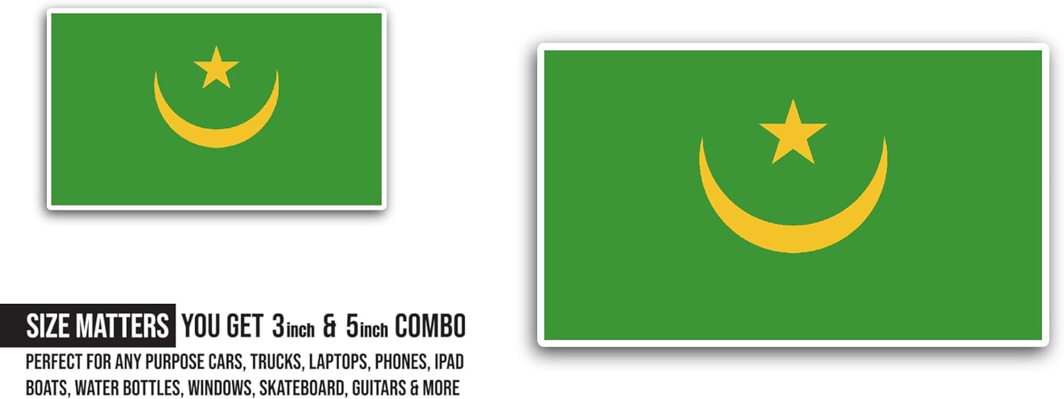 2 (Pieces) 3" and 5" Mauritania Flag Sticker, Waterproof Vinyl Decals for Many Purpose Like Cars, Trucks, Laptops, Phones, Windows and More