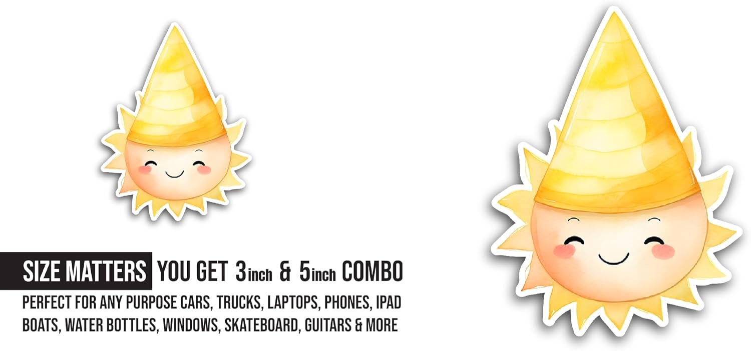2 (Pieces) 3" and 5" Yellow Sun with Party Hat Sticker, Waterproof Vinyl Decals for Many Purpose Like Cars, Trucks, Laptops, Phones, Windows and More
