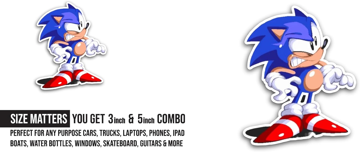 2 (Pieces) 3" and 5" Classic S0nic Sticker, Waterproof Vinyl Decals for Many Purpose Like Cars, Trucks, Laptops, Phones, Windows and More