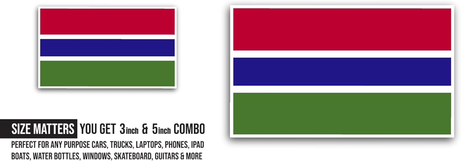 2 (Pieces) 3" and 5" Gambia Flag Sticker, Waterproof Vinyl Decals for Many Purpose Like Cars, Trucks, Laptops, Phones, Windows and More